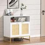 Buffet bas à 2 portes en panneaux de particules brun/blanc et rotin avec étagère réglable
