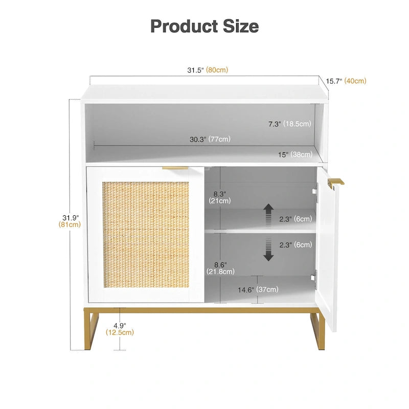 Buffet bas à 2 portes en panneaux de particules brun/blanc et rotin avec étagère réglable