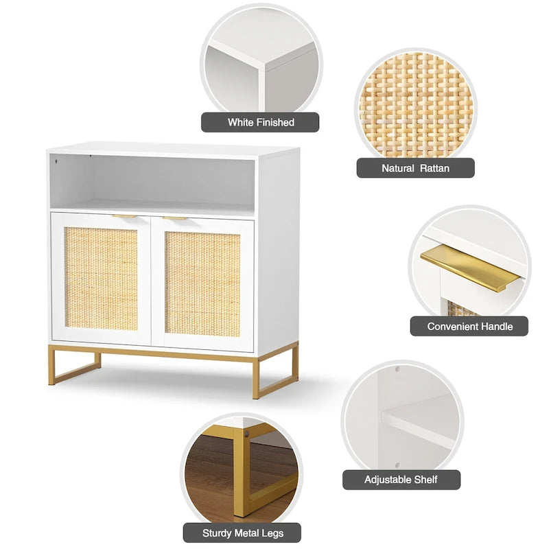 Buffet bas à 2 portes en panneaux de particules brun/blanc et rotin avec étagère réglable