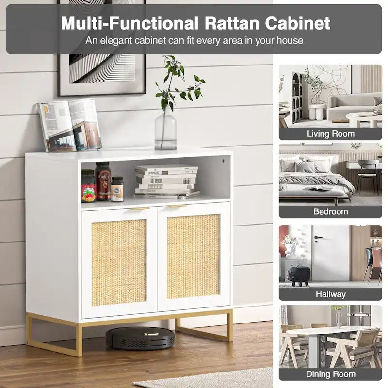 Buffet bas à 2 portes en panneaux de particules brun/blanc et rotin avec étagère réglable