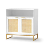 Buffet bas à 2 portes en panneaux de particules brun/blanc et rotin avec étagère réglable