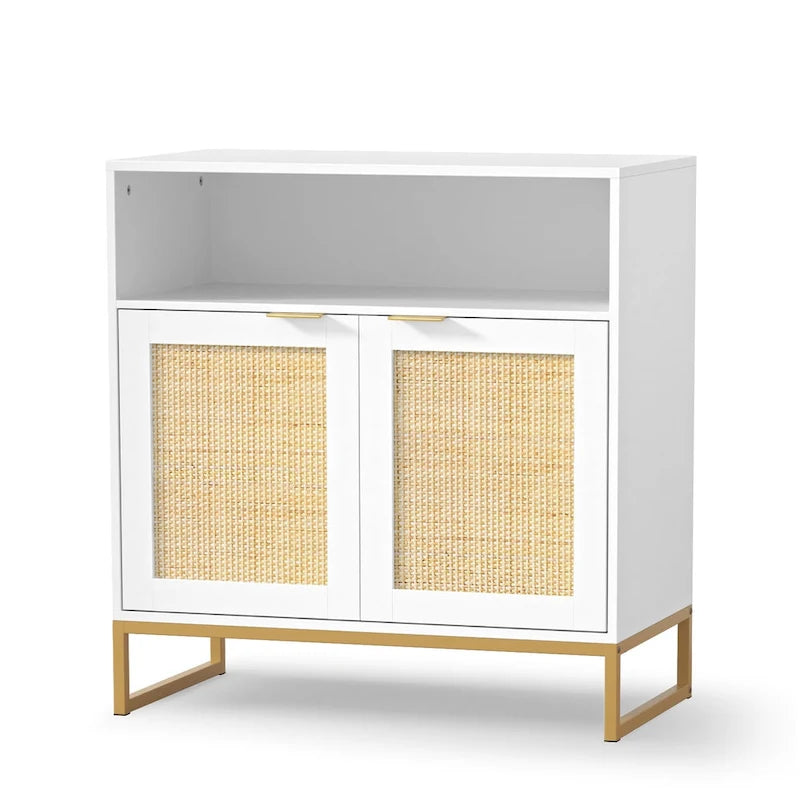 Buffet bas à 2 portes en panneaux de particules brun/blanc et rotin avec étagère réglable