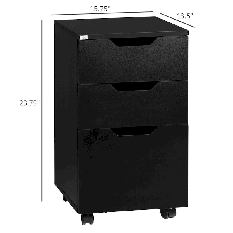 Caisson de classement mobile noir à 3 tiroirs en panneaux de particules avec glissières à billes et 4 roulettes