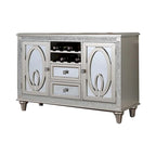 Console de buffet miroir argentée avec 2 portes, 2 tiroirs et casier à vin