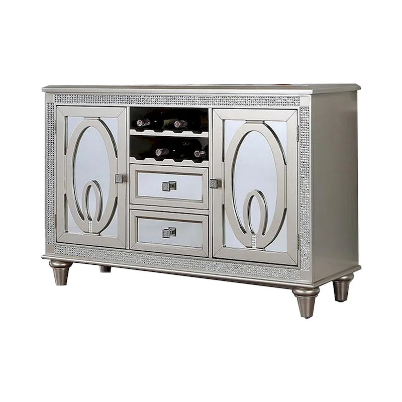 Console de buffet miroir argentée avec 2 portes, 2 tiroirs et casier à vin