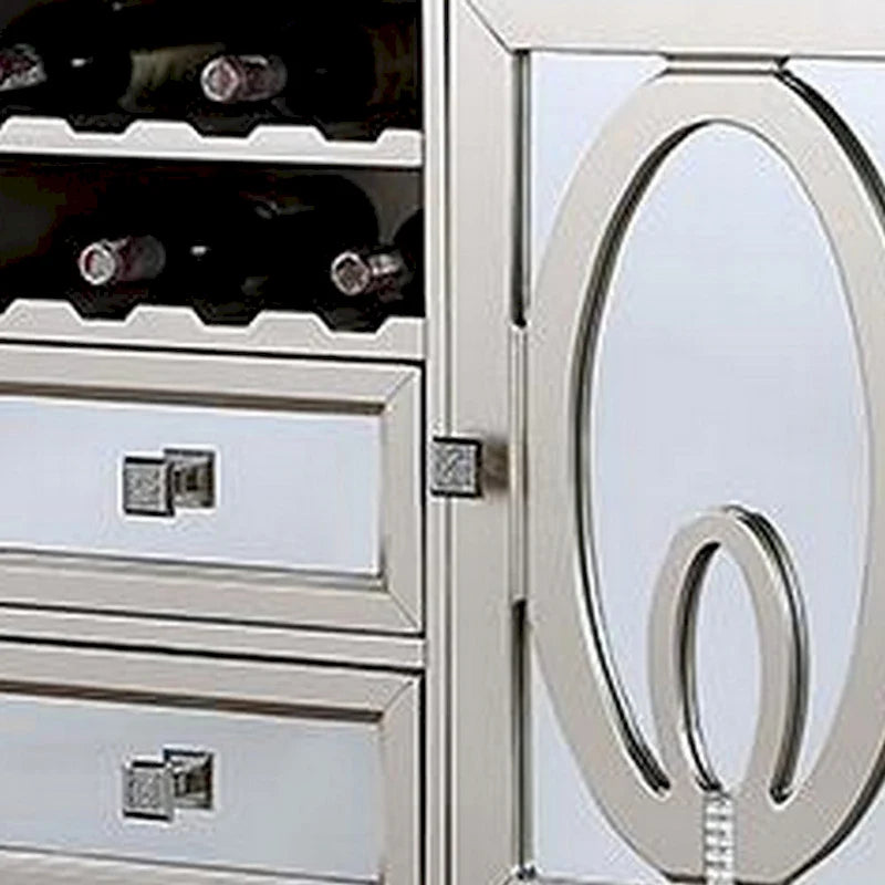 Console de buffet miroir argentée avec 2 portes, 2 tiroirs et casier à vin