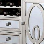 Console de buffet miroir argentée avec 2 portes, 2 tiroirs et casier à vin