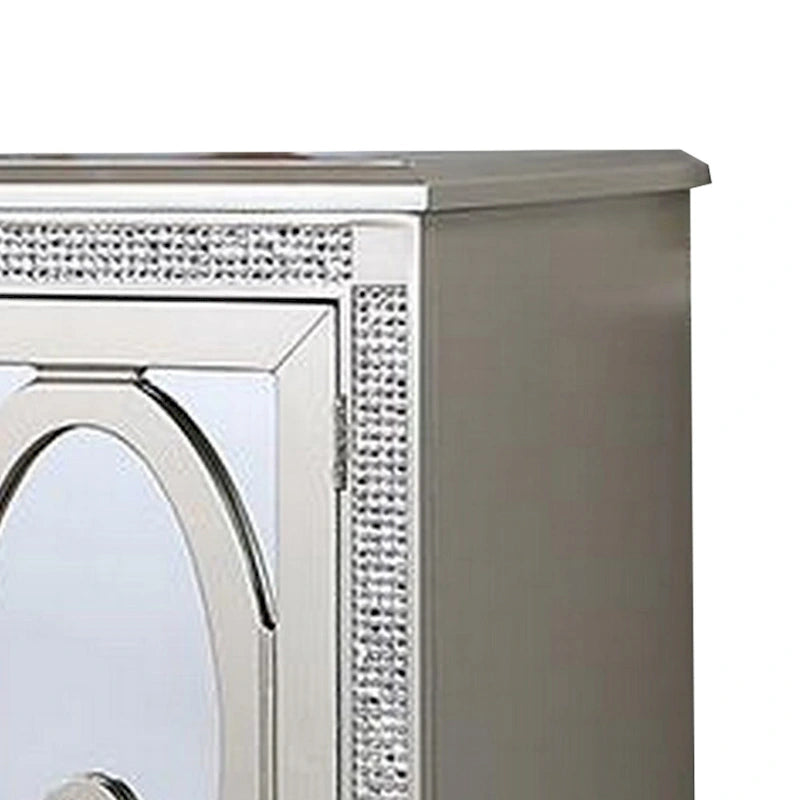 Console de buffet miroir argentée avec 2 portes, 2 tiroirs et casier à vin