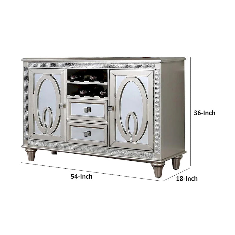 Console de buffet miroir argentée avec 2 portes, 2 tiroirs et casier à vin