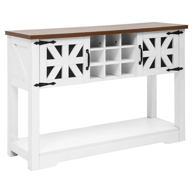 Buffet de console de ferme en bois vieilli blanc avec casier à vin 9 bouteilles et 2 portes