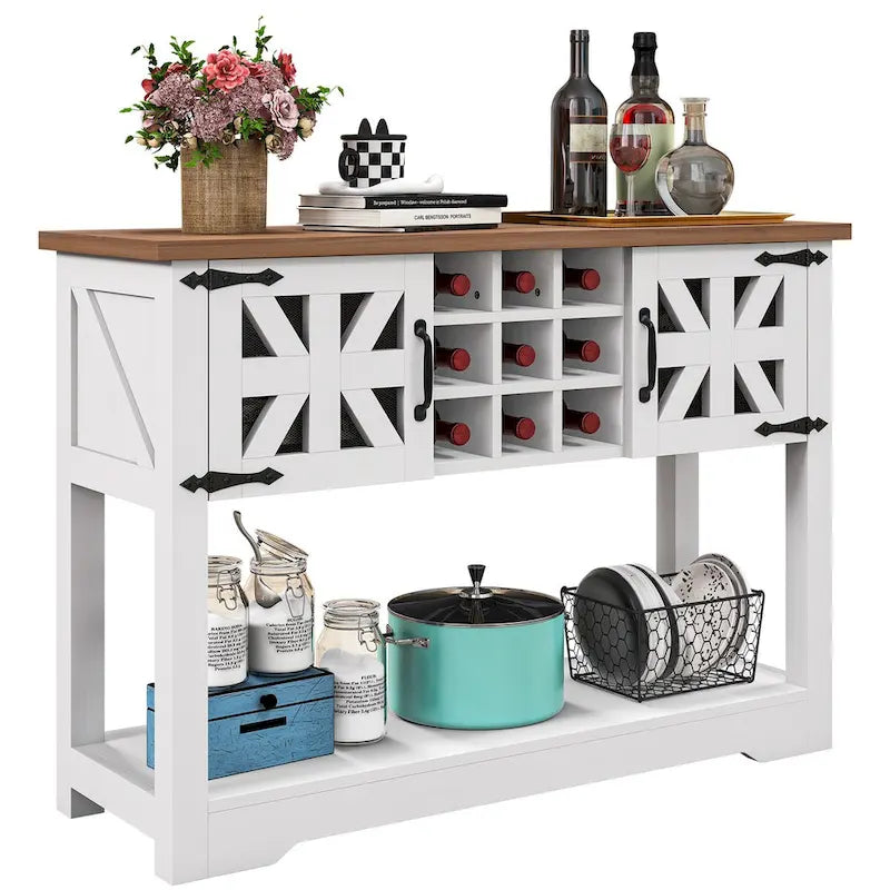Buffet de console de ferme en bois vieilli blanc avec casier à vin 9 bouteilles et 2 portes