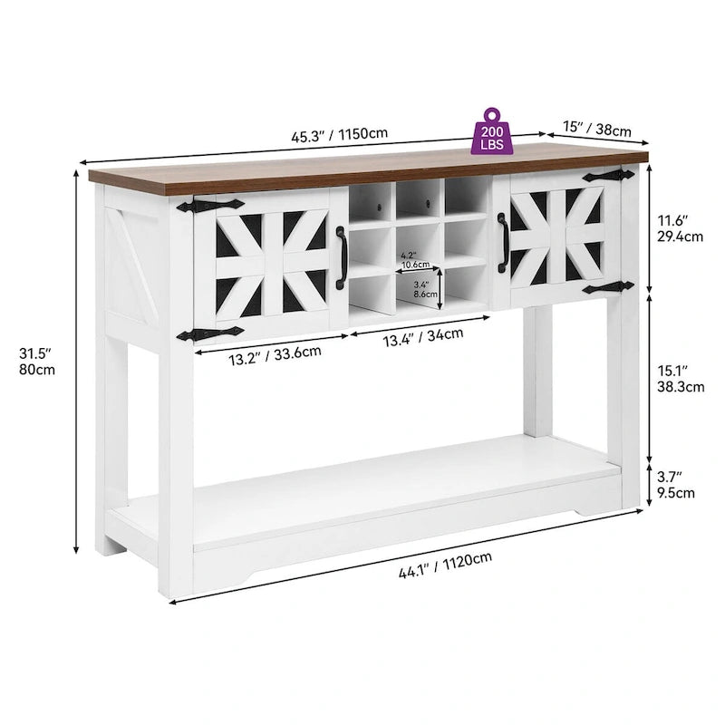 Buffet de console de ferme en bois vieilli blanc avec casier à vin 9 bouteilles et 2 portes