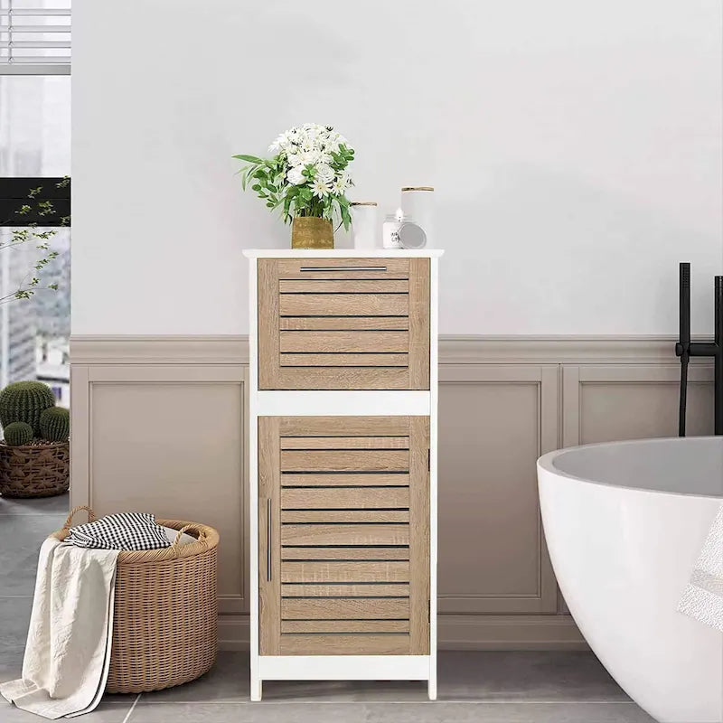 Meuble bas de salle de bain en MDF chêne avec porte ventilée, tiroir et 2 étagères