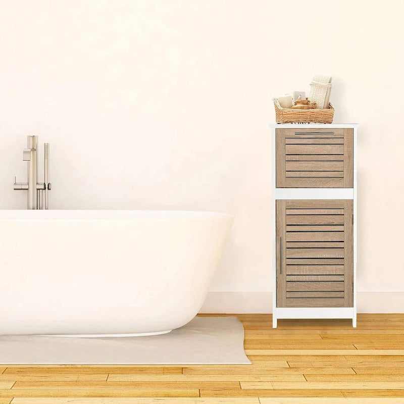 Meuble bas de salle de bain en MDF chêne avec porte ventilée, tiroir et 2 étagères