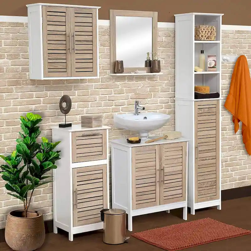 Meuble bas de salle de bain en MDF chêne avec porte ventilée, tiroir et 2 étagères