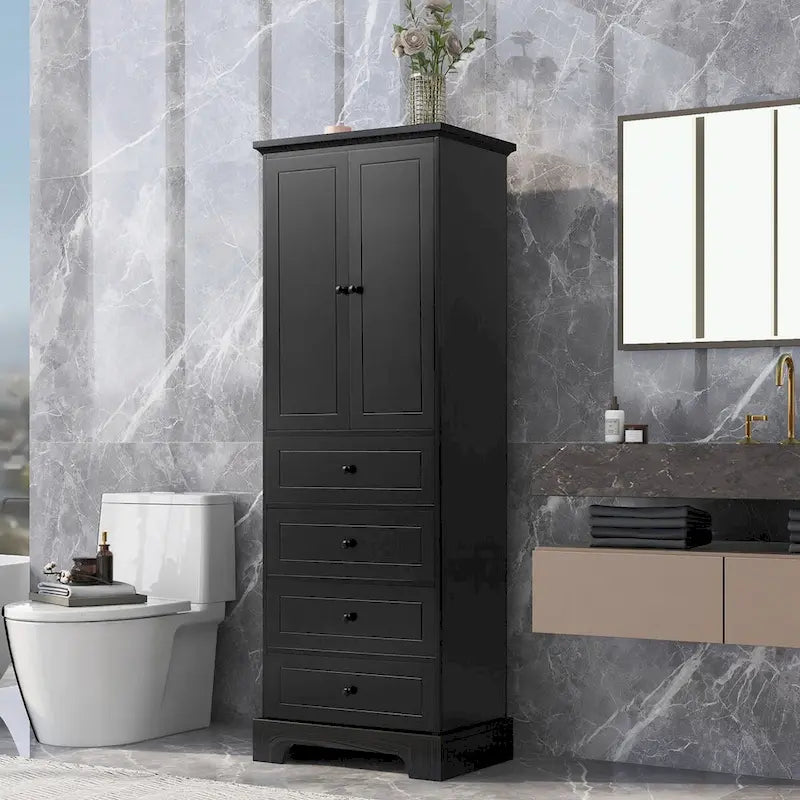 Meuble de rangement en MDF noir/blanc avec meuble haut à 2 portes et 4 tiroirs, conception anti-basculement