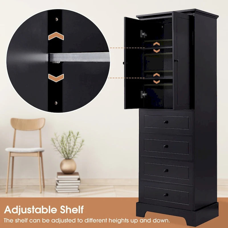 Meuble de rangement en MDF noir/blanc avec meuble haut à 2 portes et 4 tiroirs, conception anti-basculement
