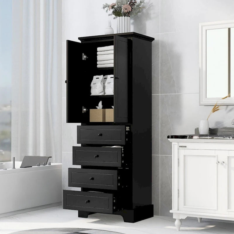 Meuble de rangement en MDF noir/blanc avec meuble haut à 2 portes et 4 tiroirs, conception anti-basculement