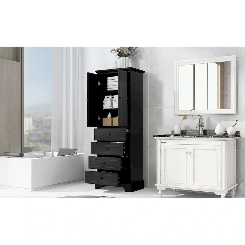 Meuble de rangement en MDF noir/blanc avec meuble haut à 2 portes et 4 tiroirs, conception anti-basculement