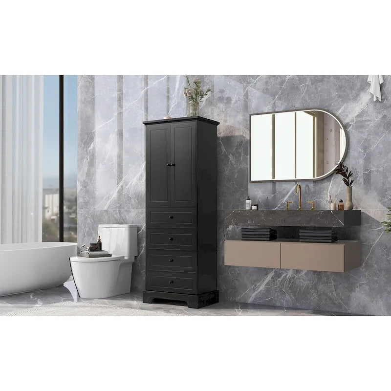 Meuble de rangement en MDF noir/blanc avec meuble haut à 2 portes et 4 tiroirs, conception anti-basculement