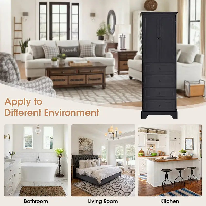 Meuble de rangement en MDF noir/blanc avec meuble haut à 2 portes et 4 tiroirs, conception anti-basculement