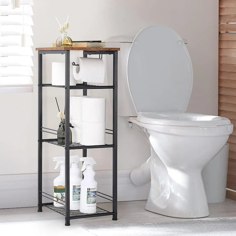 Étagère de salle de bain 4 niveaux blanche/marron et noire avec porte-rouleau de papier toilette
