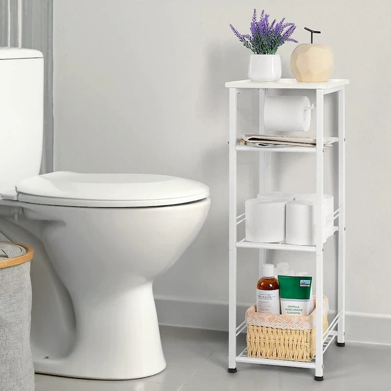 Étagère de salle de bain 4 niveaux blanche/marron et noire avec porte-rouleau de papier toilette