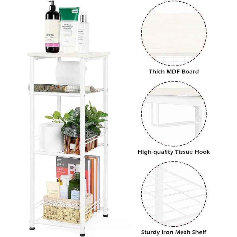 Étagère de salle de bain 4 niveaux blanche/marron et noire avec porte-rouleau de papier toilette