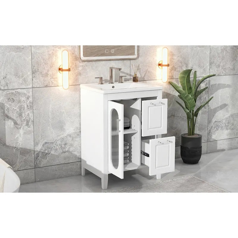Meuble-lavabo gris/blanc avec lavabo en céramique, 2 tiroirs et une porte