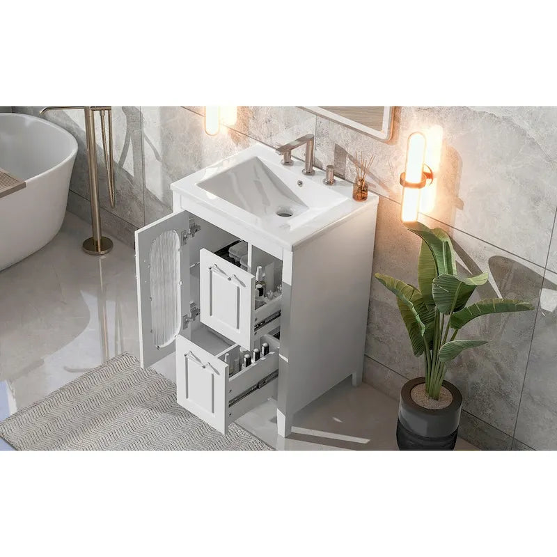 Meuble-lavabo gris/blanc avec lavabo en céramique, 2 tiroirs et une porte