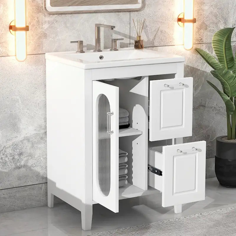 Meuble-lavabo gris/blanc avec lavabo en céramique, 2 tiroirs et une porte