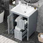 Meuble-lavabo gris/blanc avec lavabo en céramique, 2 tiroirs et une porte