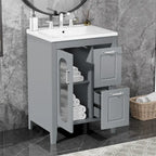 Meuble-lavabo gris/blanc avec lavabo en céramique, 2 tiroirs et une porte