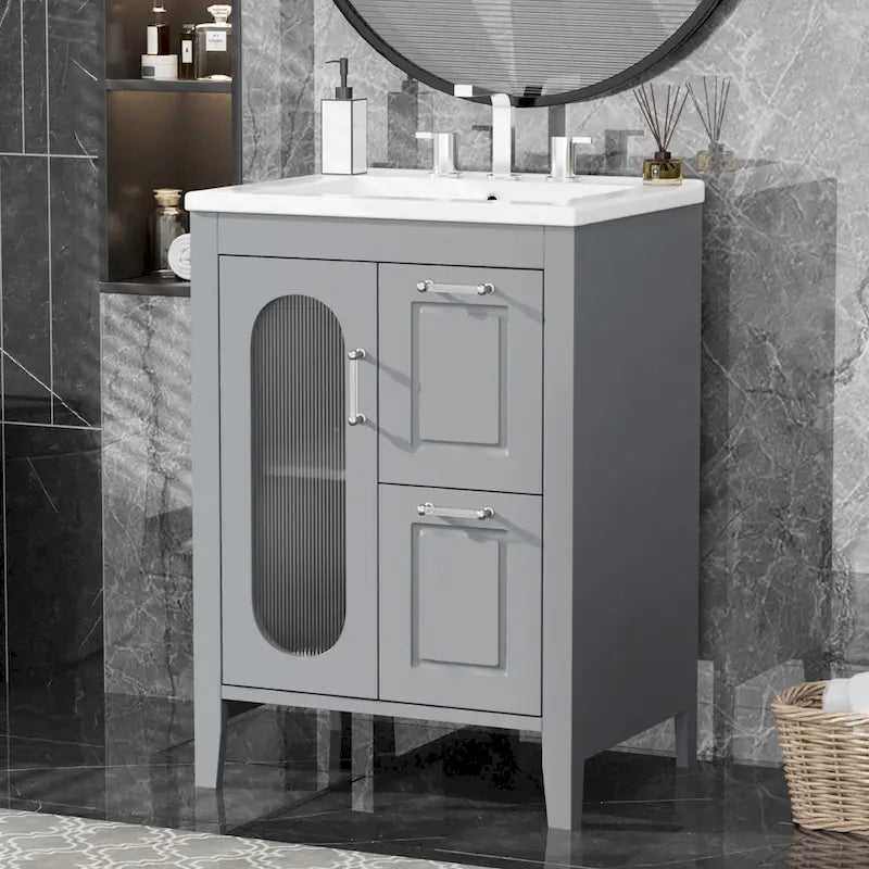 Meuble-lavabo gris/blanc avec lavabo en céramique, 2 tiroirs et une porte