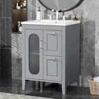 Meuble-lavabo gris/blanc avec lavabo en céramique, 2 tiroirs et une porte