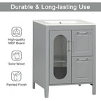 Meuble-lavabo gris/blanc avec lavabo en céramique, 2 tiroirs et une porte