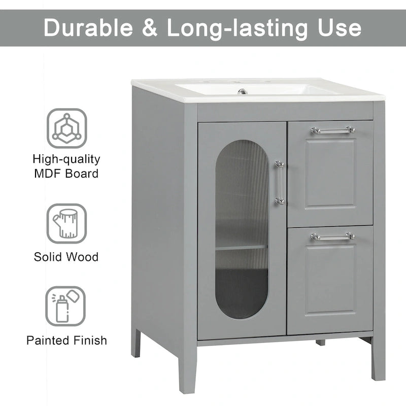 Meuble-lavabo gris/blanc avec lavabo en céramique, 2 tiroirs et une porte