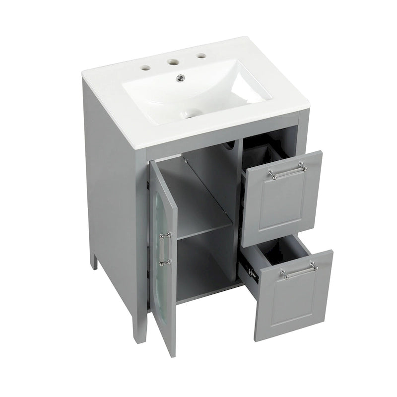 Meuble-lavabo gris/blanc avec lavabo en céramique, 2 tiroirs et une porte