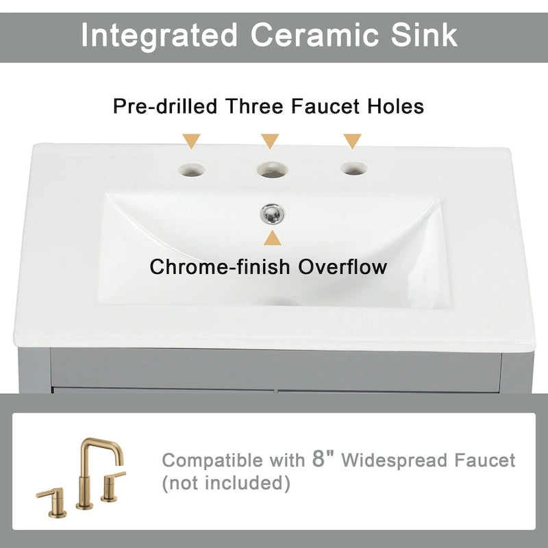 Meuble-lavabo gris/blanc avec lavabo en céramique, 2 tiroirs et une porte