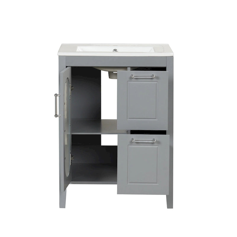 Meuble-lavabo gris/blanc avec lavabo en céramique, 2 tiroirs et une porte