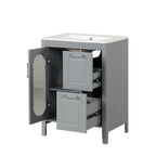 Meuble-lavabo gris/blanc avec lavabo en céramique, 2 tiroirs et une porte