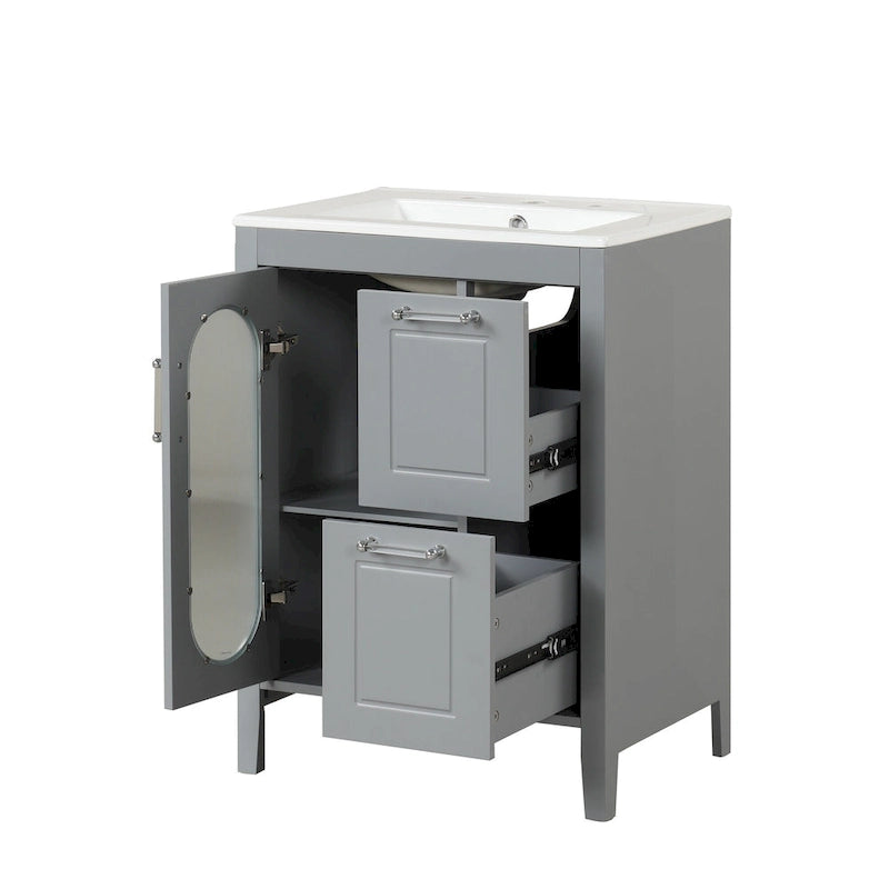 Meuble-lavabo gris/blanc avec lavabo en céramique, 2 tiroirs et une porte