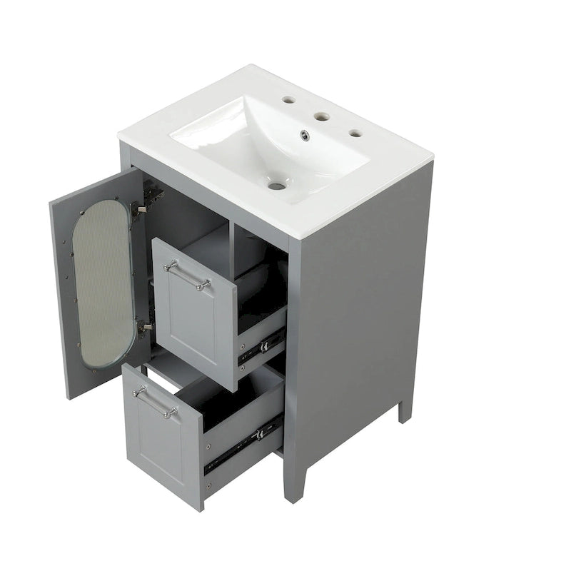 Meuble-lavabo gris/blanc avec lavabo en céramique, 2 tiroirs et une porte