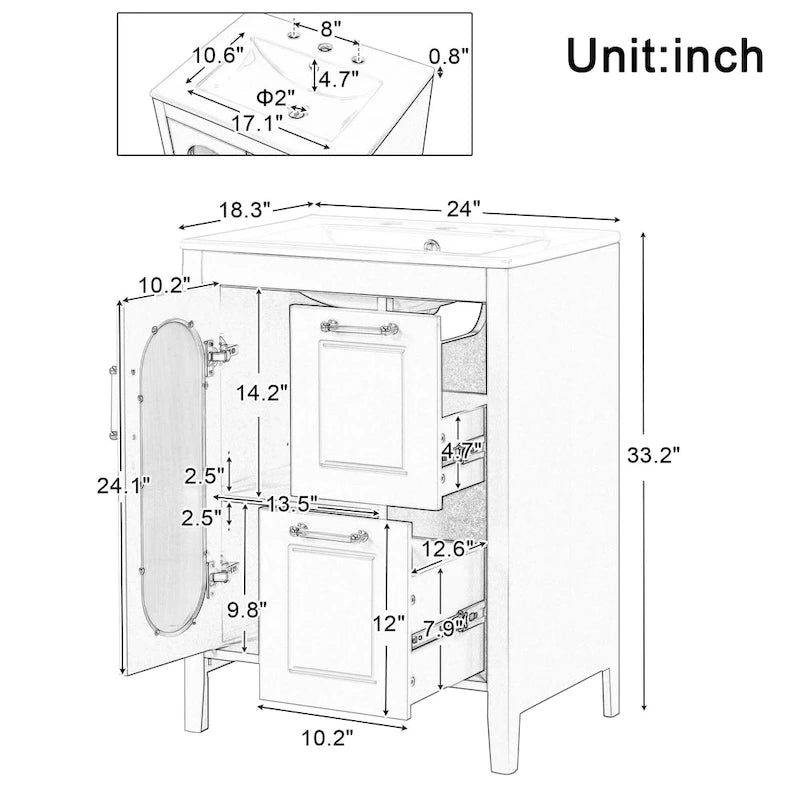 Meuble-lavabo gris/blanc avec lavabo en céramique, 2 tiroirs et une porte