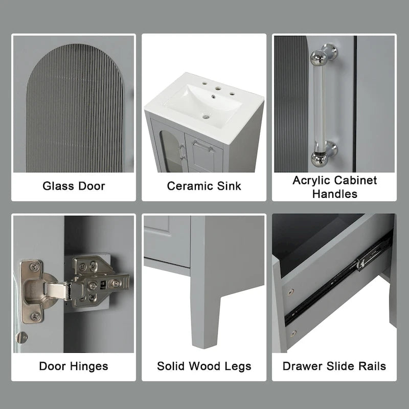 Meuble-lavabo gris/blanc avec lavabo en céramique, 2 tiroirs et une porte