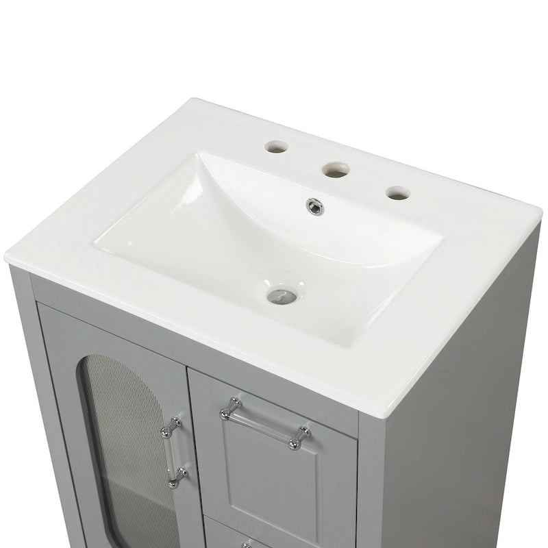 Meuble-lavabo gris/blanc avec lavabo en céramique, 2 tiroirs et une porte