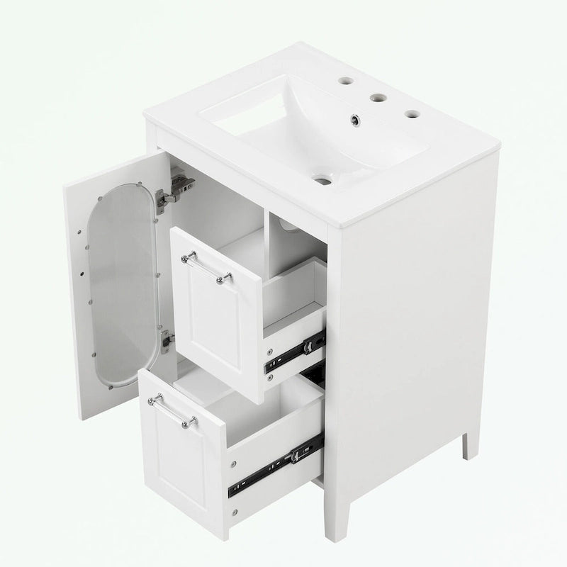 Meuble-lavabo gris/blanc avec lavabo en céramique, 2 tiroirs et une porte