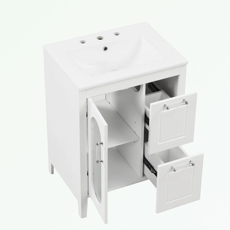 Meuble-lavabo gris/blanc avec lavabo en céramique, 2 tiroirs et une porte