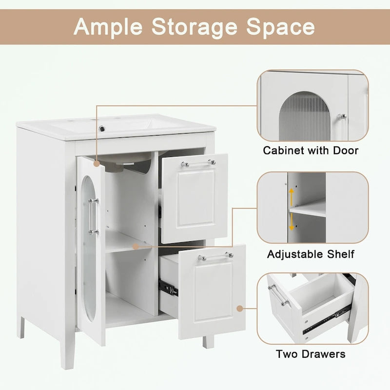 Meuble-lavabo gris/blanc avec lavabo en céramique, 2 tiroirs et une porte