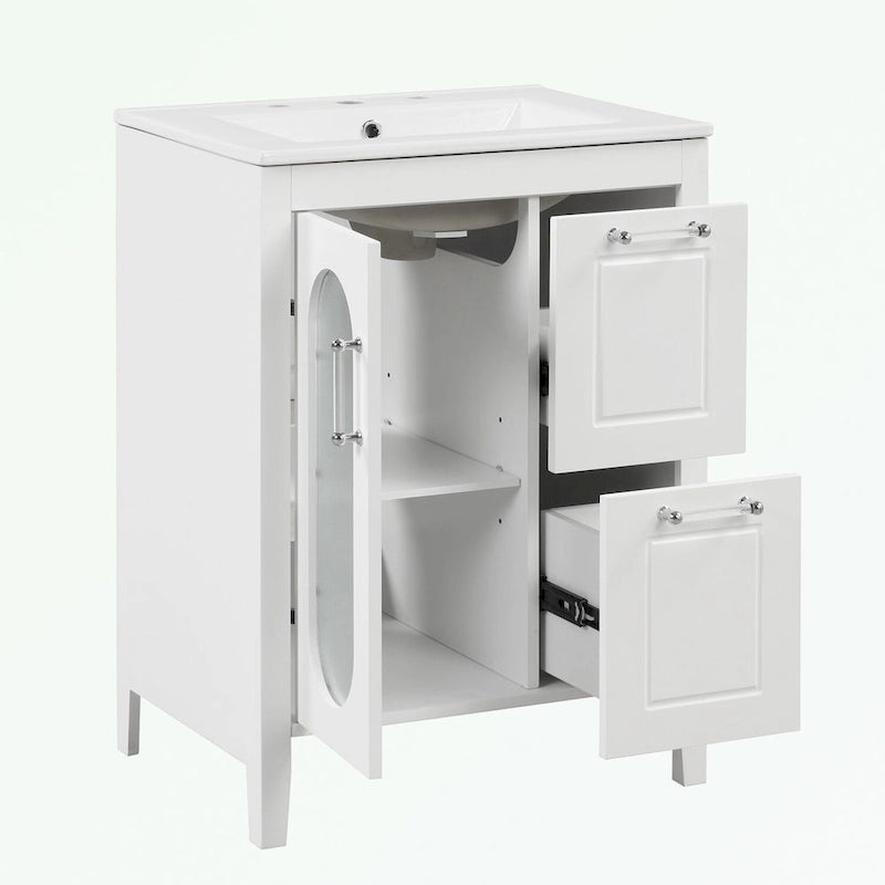 Meuble-lavabo gris/blanc avec lavabo en céramique, 2 tiroirs et une porte